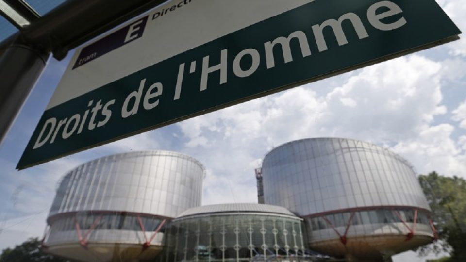 A board at a tram stop reads „Human rights” in front of the European Court of Human Rights in Strasbourg